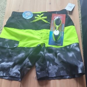 ZeroXposur Neon Green and Black Swim Shorts with Goggles